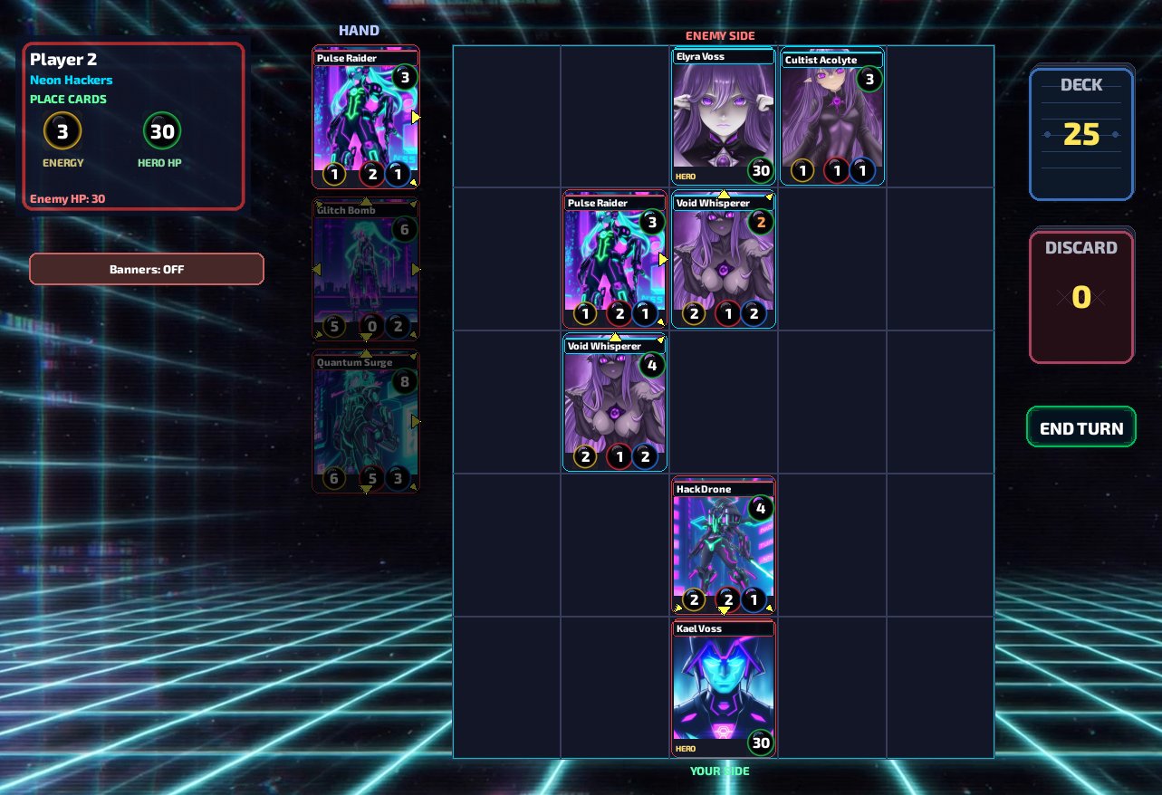 Quantum Front match on the neon grid — Neon Hackers vs Void Cultists